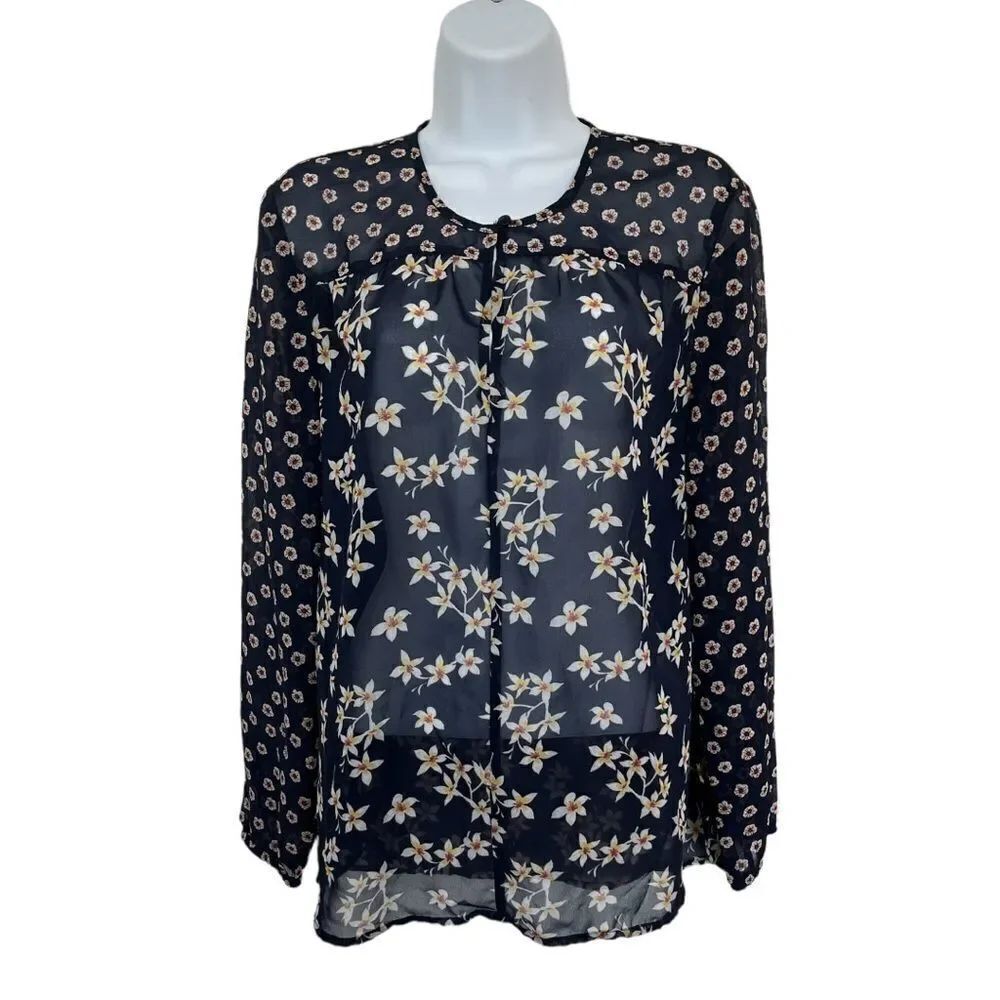 🔥4/$25 Mimi & Daphne Navy Floral Long Sleeve Blouse Size Medium